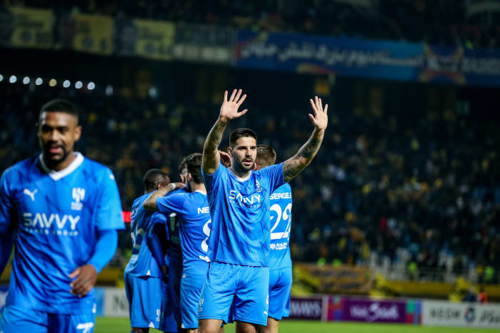 Aleksandar Mitrovic pictured (center) celebrating a goal during Al-Hilal's win over Sepahan in February 2024